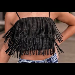 Black fringe top and skirt.